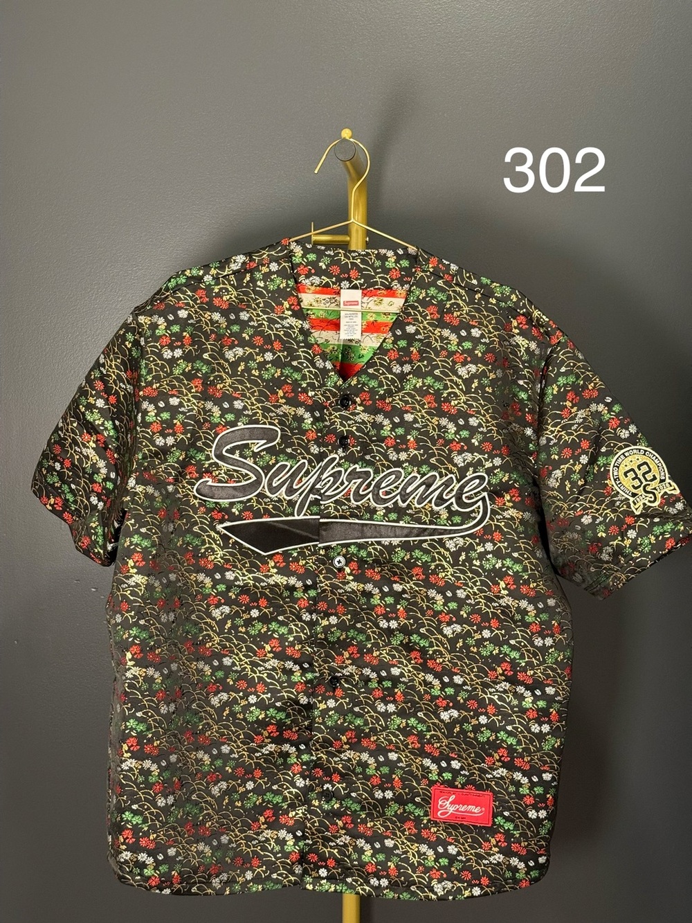 Supreme Black Floral Script Baseball Jersey with Red & Green Flowers